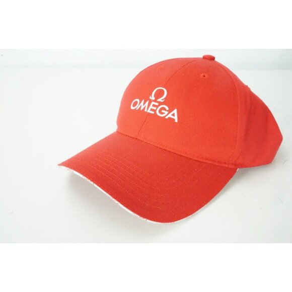 Omega Cherry Red Logo Watch Collector Cotton Blend Baseball Hat Adjustable